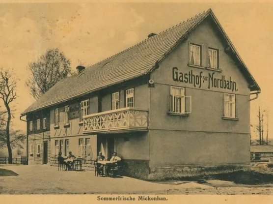 Dobová pohlednice: Gasthof zur Nordbahn, Sommerfrische Mickenhan